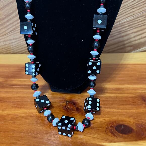 Vtg Handmade Dice Black Beaded Necklace Dangle Earrings Set Screw Poker Cards - Picture 8 of 8